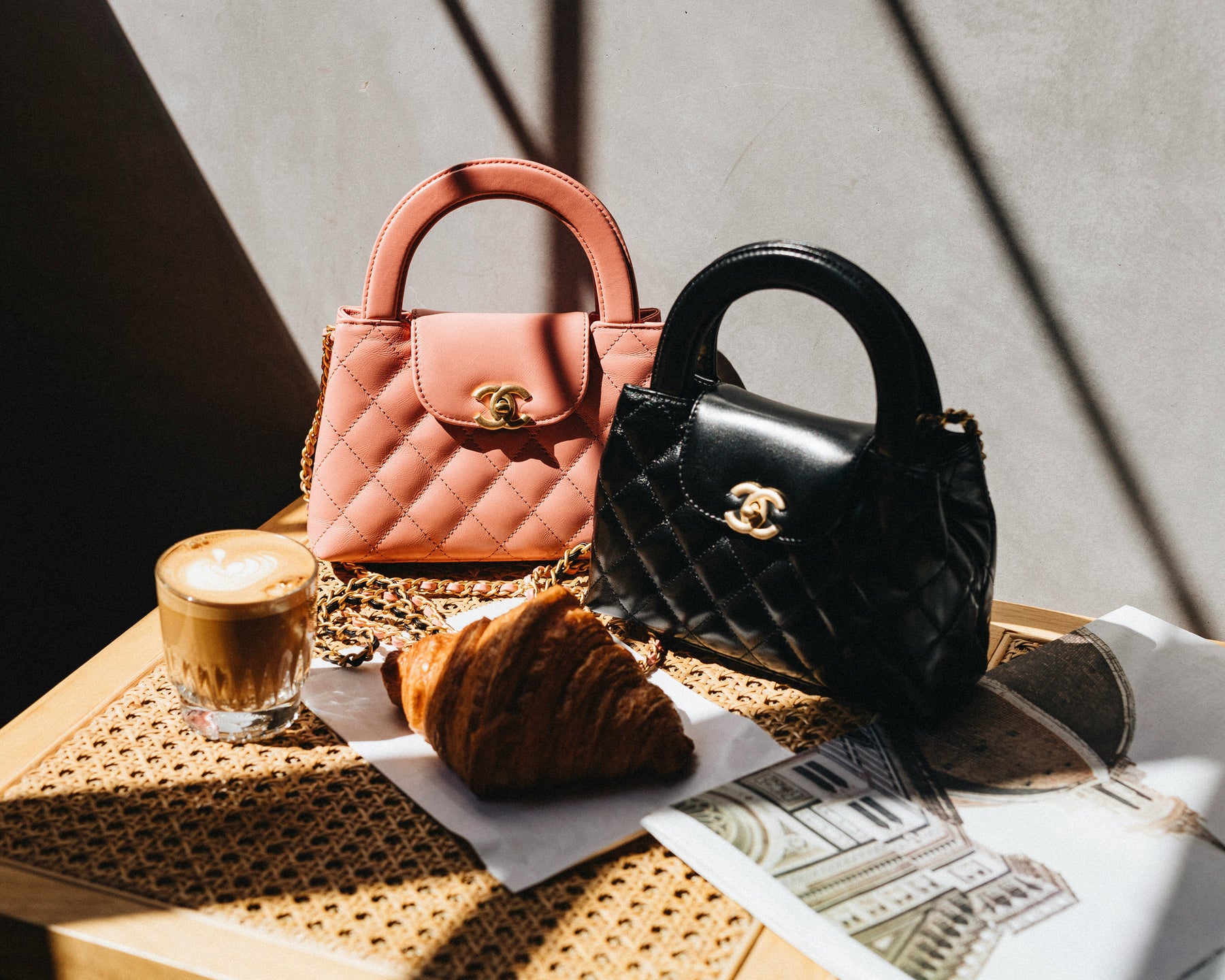Display shelving of luxury handbags